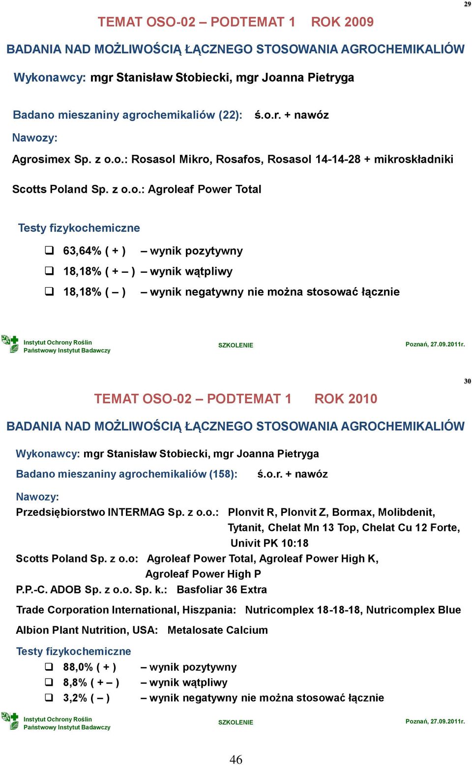 ( ) wynik negatywny nie można stosować łącznie 30 TEMAT OSO-02 PODTEMAT 1 ROK 2010 BADANIA NAD MOŻLIWOŚCIĄ ŁĄCZNEGO STOSOWANIA AGROCHEMIKALIÓW Wykonawcy: mgr Stanisław Stobiecki, mgr Joanna Pietryga