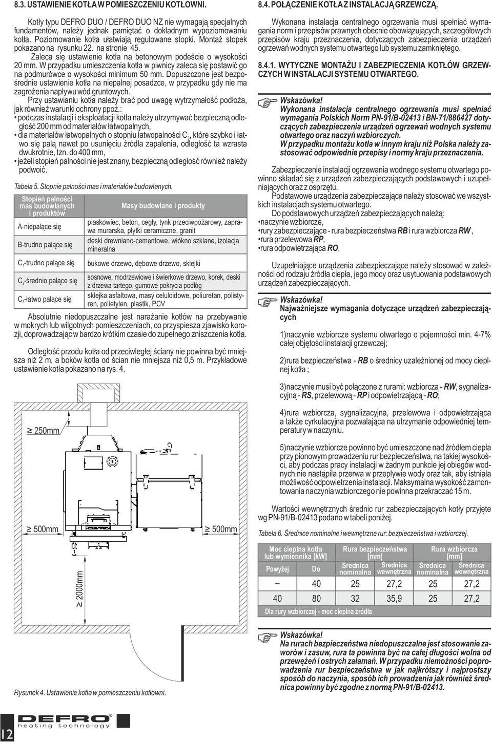 W przypadku umieszczenia kotła w piwnicy zaleca się postawić go na podmurówce o wysokości minimum 50 mm.