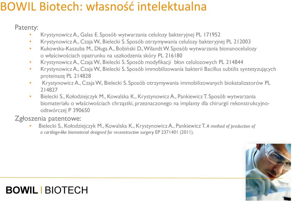 Sposób wytwarzania bionanocelulozy o właściwościach opatrunku na uszkodzenia skóry PL 216180 Krystynowicz A., Czaja W., Bielecki S. Sposób modyfikacji błon celulozowych PL 214844 Krystynowicz A.