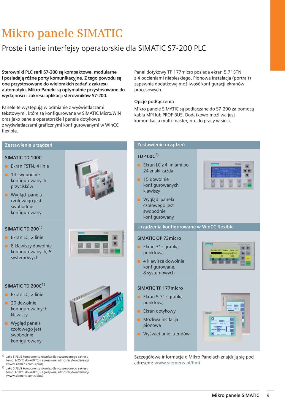 Panele te wyst puj w odmianie z wy wietlaczami tekstowymi, które s konfigurowane w SIMATIC Micro/WIN oraz jako panele operatorskie i panele dotykowe z wy wietlaczami graficznymi konfigurowanymi w