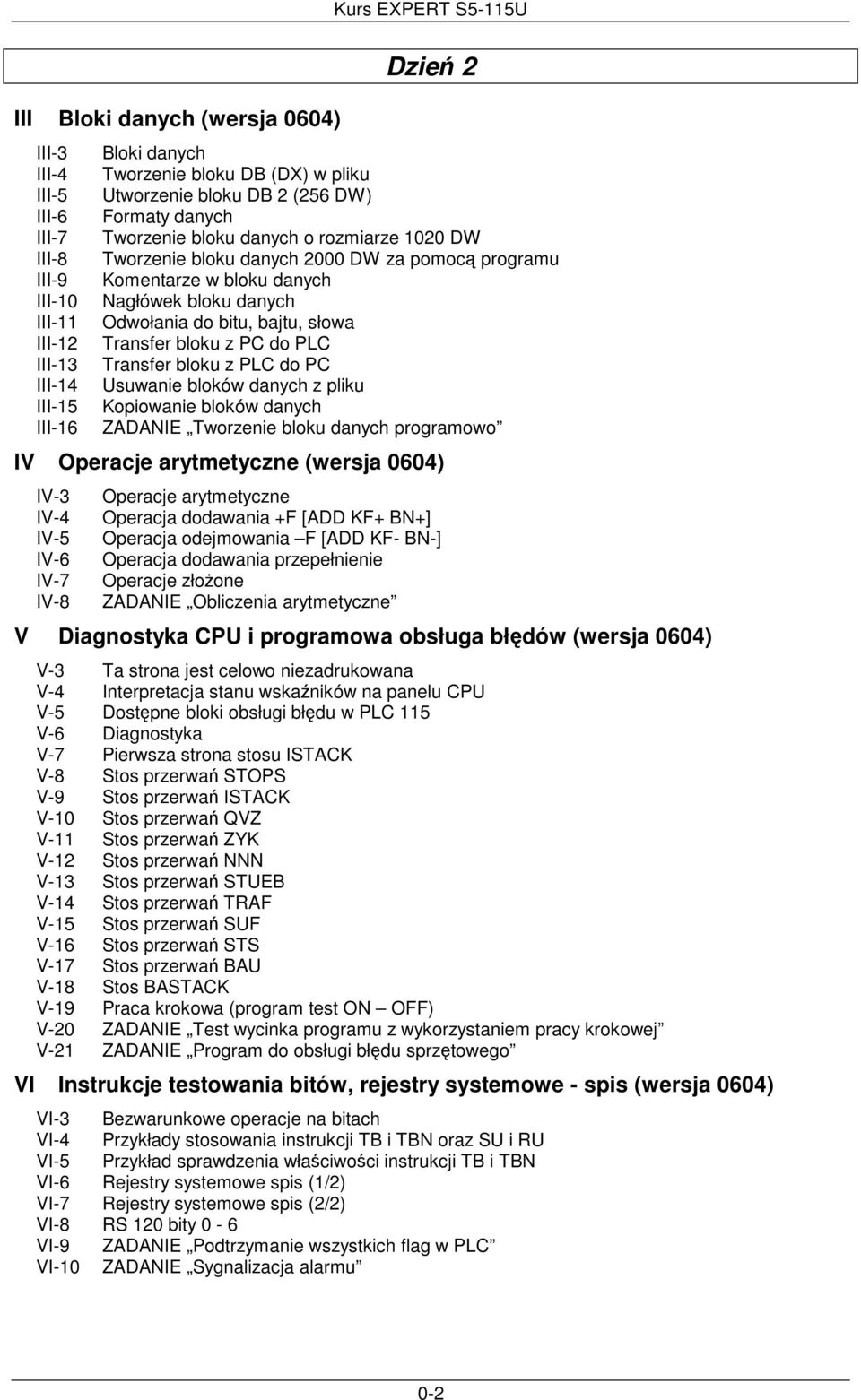bitu, bajtu, słowa Transfer bloku z PC do PLC Transfer bloku z PLC do PC Usuwanie bloków danych z pliku Kopiowanie bloków danych ZADANIE Tworzenie bloku danych programowo IV Operacje arytmetyczne