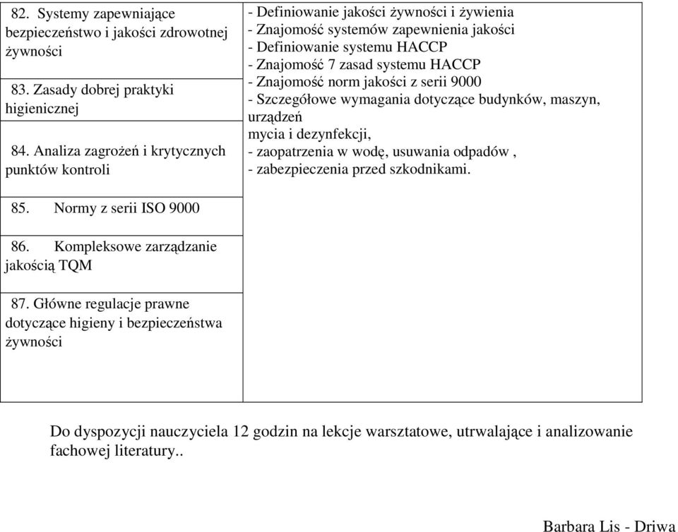 HACCP - Znajomość norm jakości z serii 9000 - Szczegółowe wymagania dotyczące budynków, maszyn, urządzeń mycia i dezynfekcji, - zaopatrzenia w wodę, usuwania odpadów, - zabezpieczenia przed