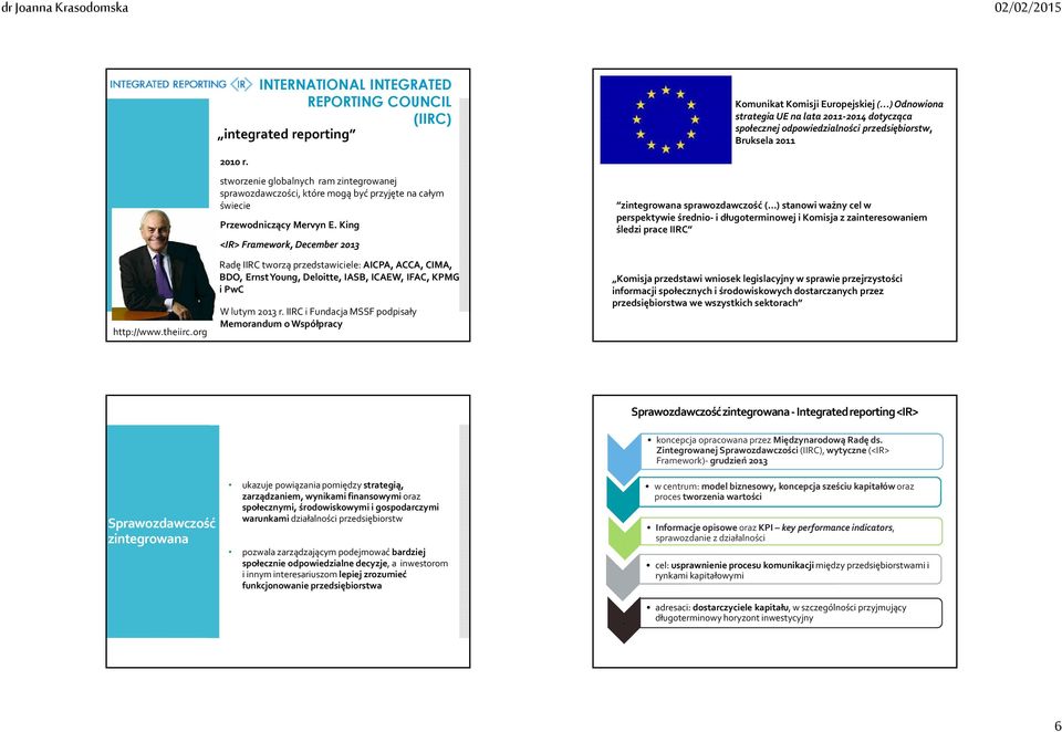 Framework, December 2013 Radę IIRC tworzą przedstawiciele: AICPA, ACCA, CIMA, BDO, Ernst Young, Deloitte, IASB, ICAEW, IFAC, KPMG i PwC W lutym 2013 r IIRC i Fundacja MSSF podpisały Memorandum o