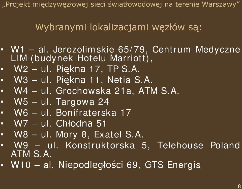 W3 ul. Piękna 11, Netia S.A. W4 ul. Grochowska 21a, ATM S.A. W5 ul. Targowa 24 W6 ul.