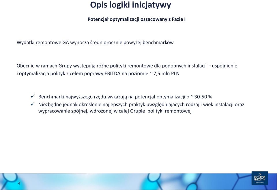 EBITDA na poziomie ~ 7,5 mln PLN Benchmarki najwyższego rzędu wskazują na potencjał optymalizacji o ~ 30-50 % Niezbędne jednak