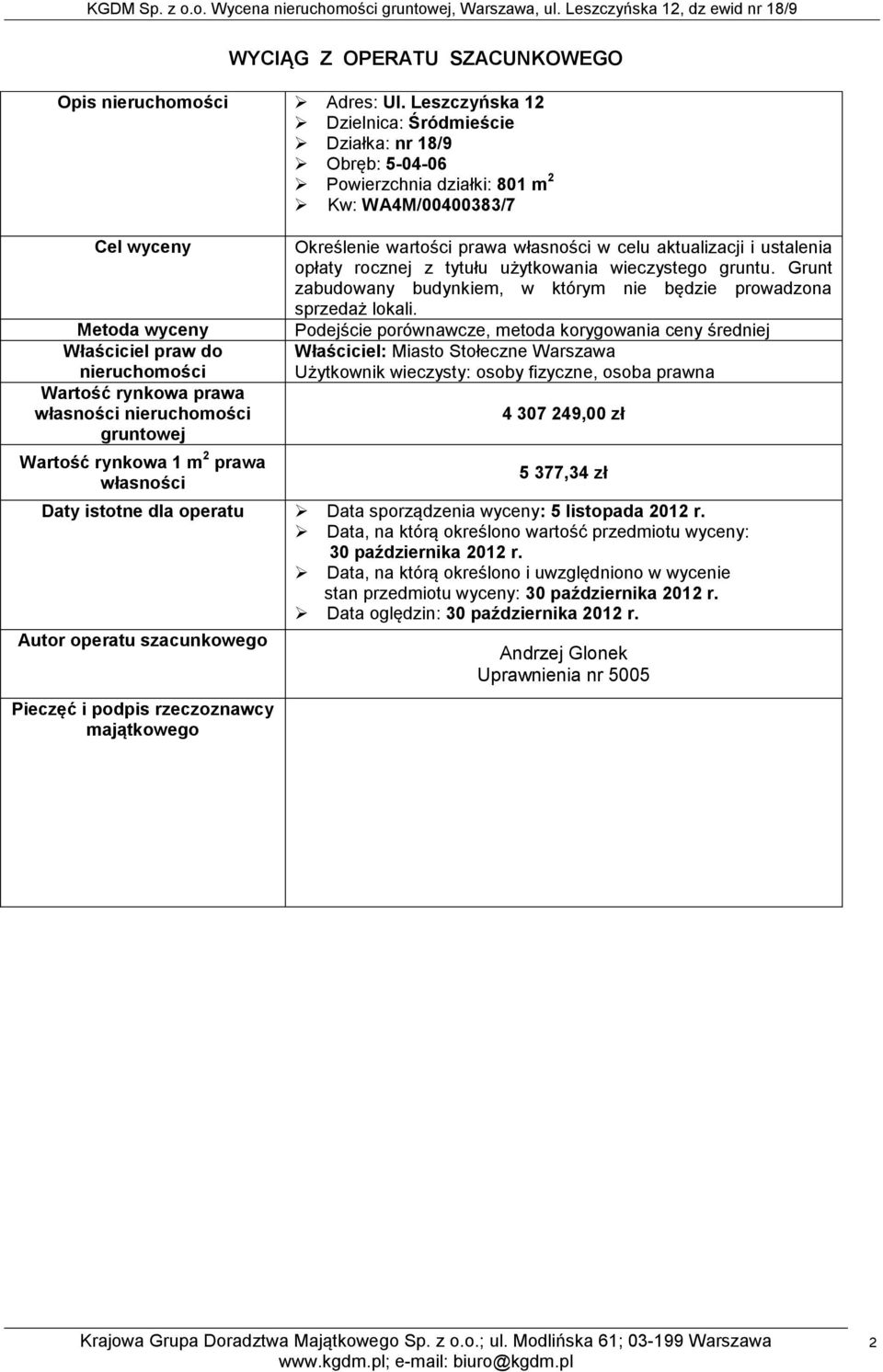 własności nieruchomości gruntowej Wartość rynkowa 1 m 2 prawa własności Określenie wartości prawa własności w celu aktualizacji i ustalenia opłaty rocznej z tytułu użytkowania wieczystego gruntu.