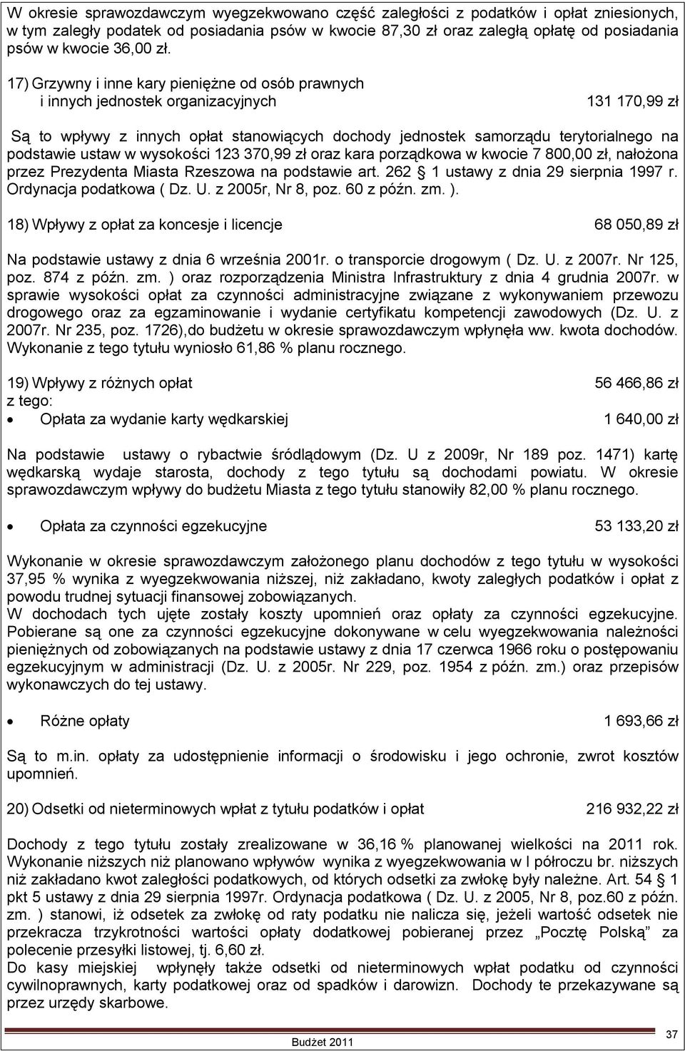 17) Grzywny i inne kary pieniężne od osób prawnych i innych jednostek organizacyjnych 131 170,99 zł Są to wpływy z innych opłat stanowiących dochody jednostek samorządu terytorialnego na podstawie