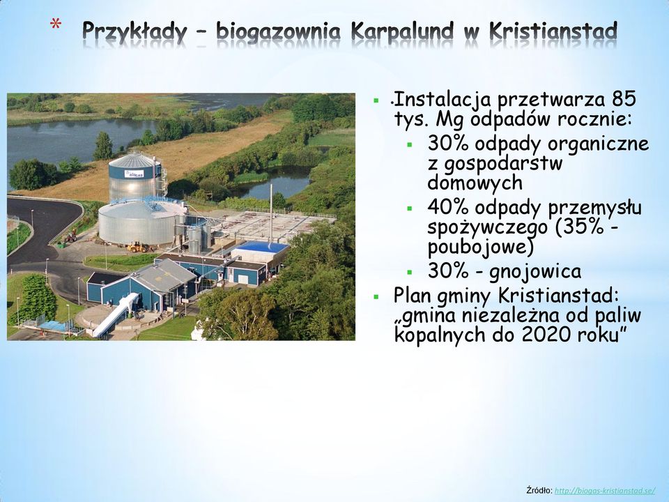 odpady przemysłu spożywczego (35% - poubojowe) 30% - gnojowica Plan