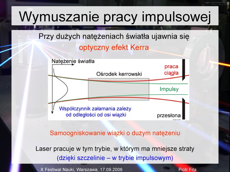 wiązki Samoogniskowanie wiązki o dużym natężeniu Laser pracuje w tym