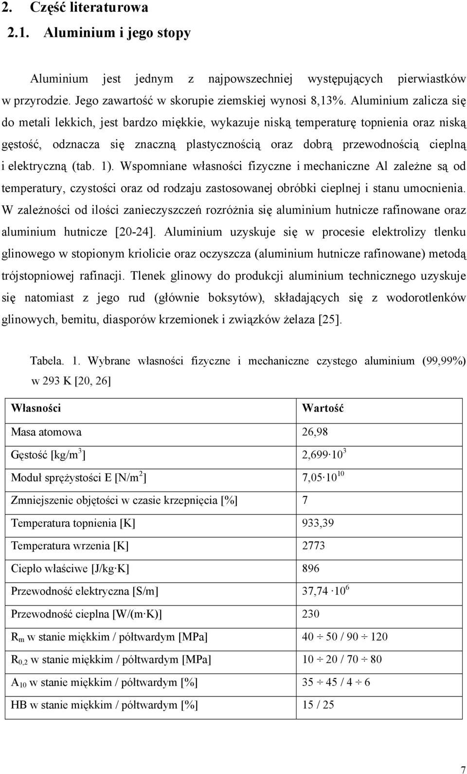 elektryczną (tab. 1). Wspomniane własności fizyczne i mechaniczne Al zależne są od temperatury, czystości oraz od rodzaju zastosowanej obróbki cieplnej i stanu umocnienia.