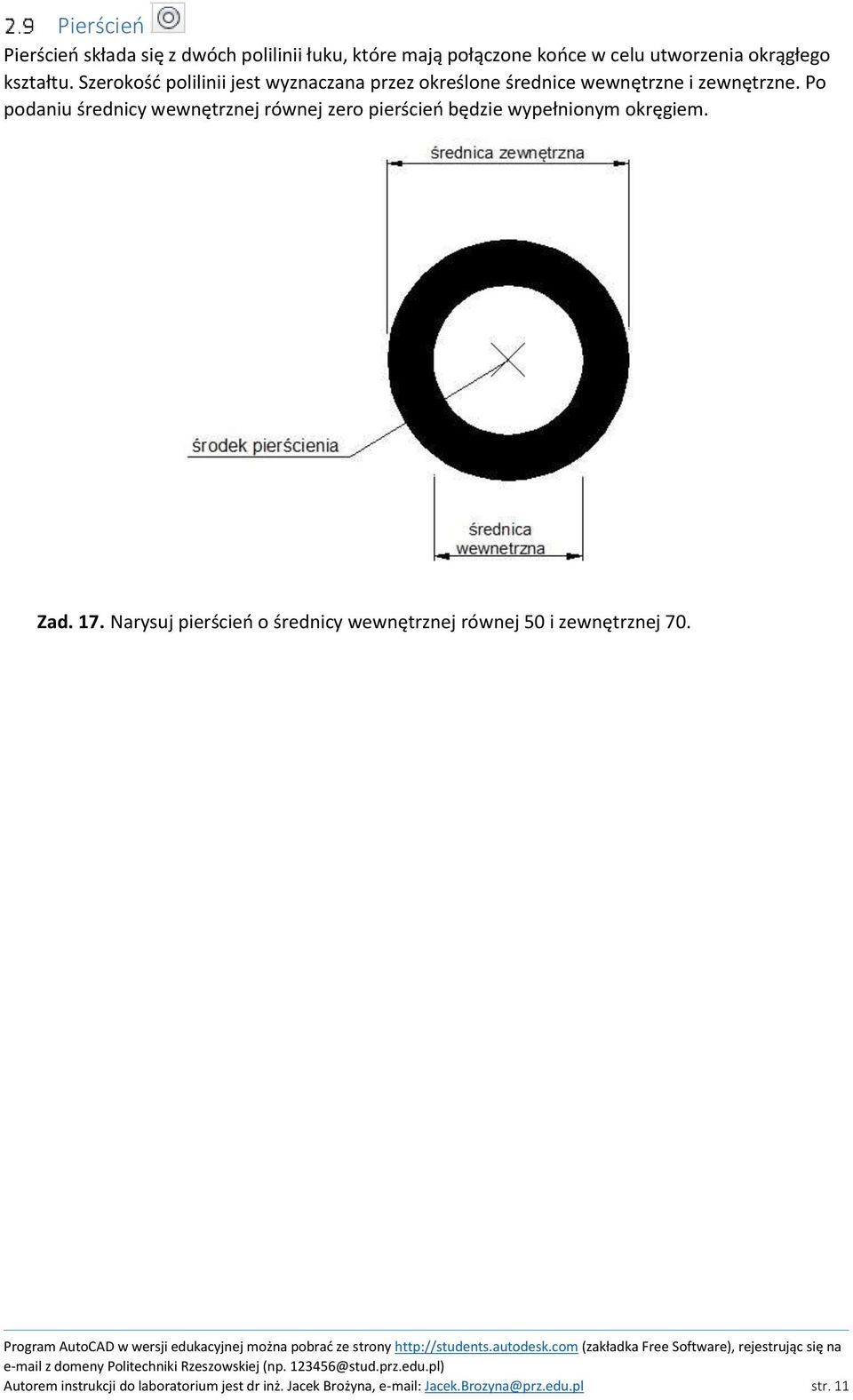 Po podaniu średnicy wewnętrznej równej zero pierścień będzie wypełnionym okręgiem. Zad. 17.
