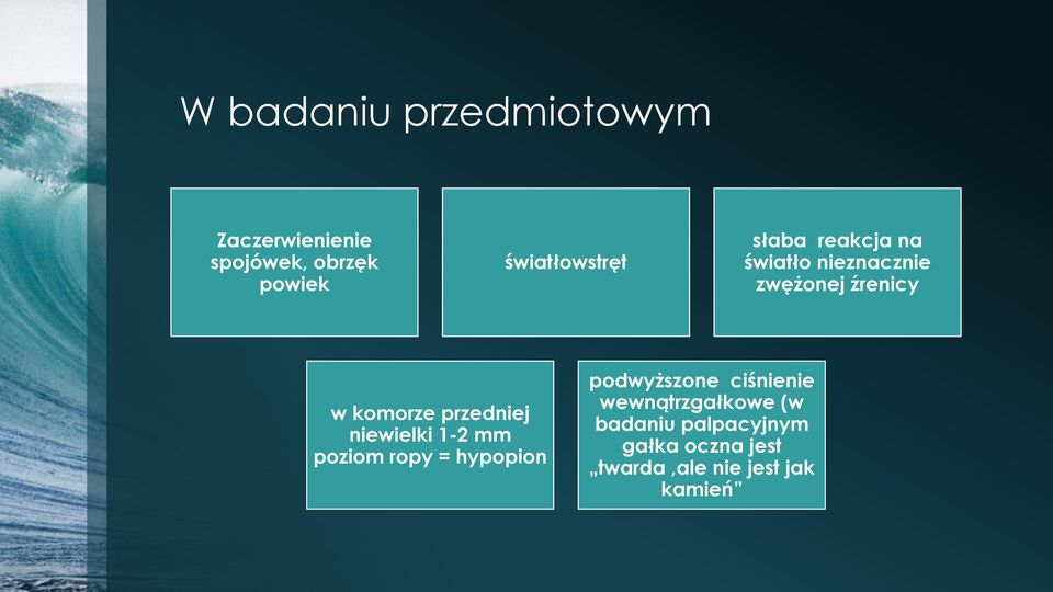 komorze przedniej niewielki 1-2 mm poziom ropy = hypopion podwyższone