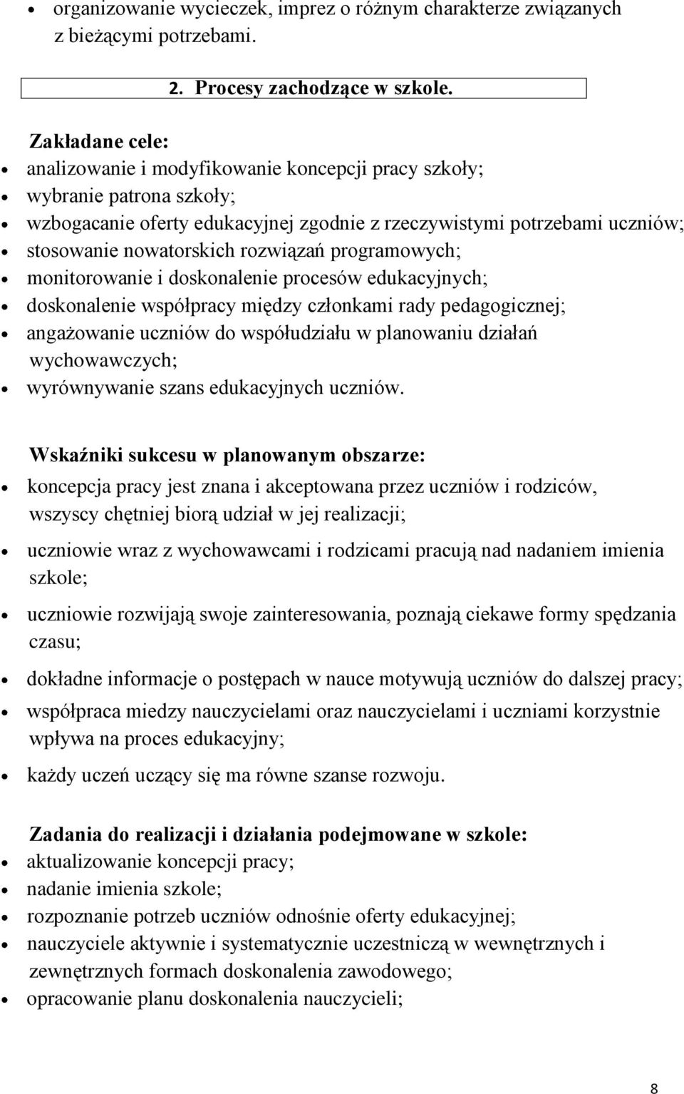 rozwiązań programowych; monitorowanie i doskonalenie procesów edukacyjnych; doskonalenie współpracy między członkami rady pedagogicznej; angażowanie uczniów do współudziału w planowaniu działań