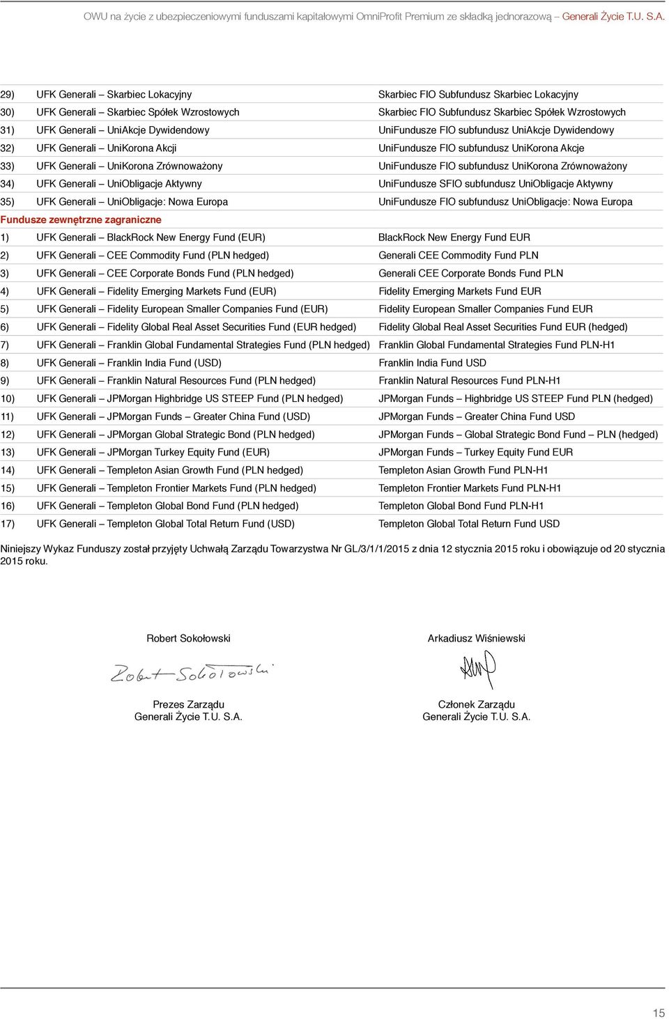 UniAkcje Dywidendowy UniFundusze FIO subfundusz UniAkcje Dywidendowy 32) UFK Generali UniKorona Akcji UniFundusze FIO subfundusz UniKorona Akcje 33) UFK Generali UniKorona Zrównoważony UniFundusze