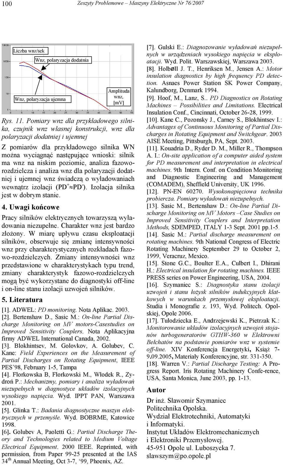 poziomie, analiza fazoworozdzielcza i analiza dla polaryzacji dodatniej i ujemnej świadczą o wyładowaniach wewnątrz izolacji (PD + PD - ). Izolacja silnika jest w dobrym stanie. 4.