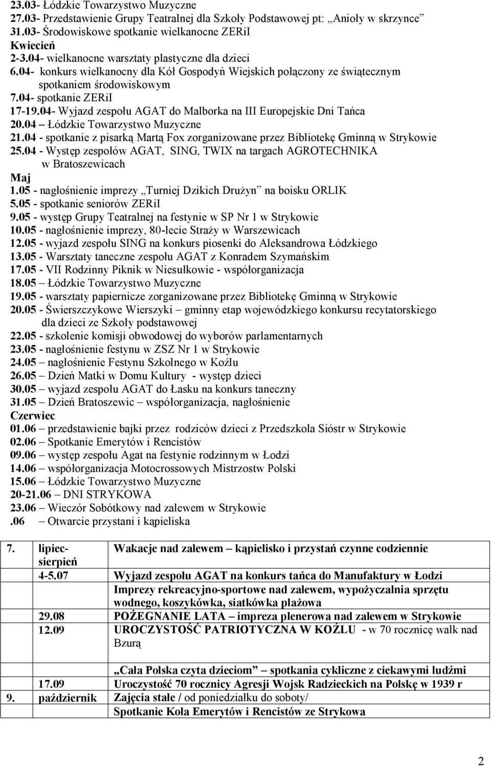 04- Wyjazd zespołu AGAT do Malborka na III Europejskie Dni Tańca 20.04 Łódzkie Towarzystwo Muzyczne 21.04 - spotkanie z pisarką Martą Fox zorganizowane przez Bibliotekę Gminną w Strykowie 25.