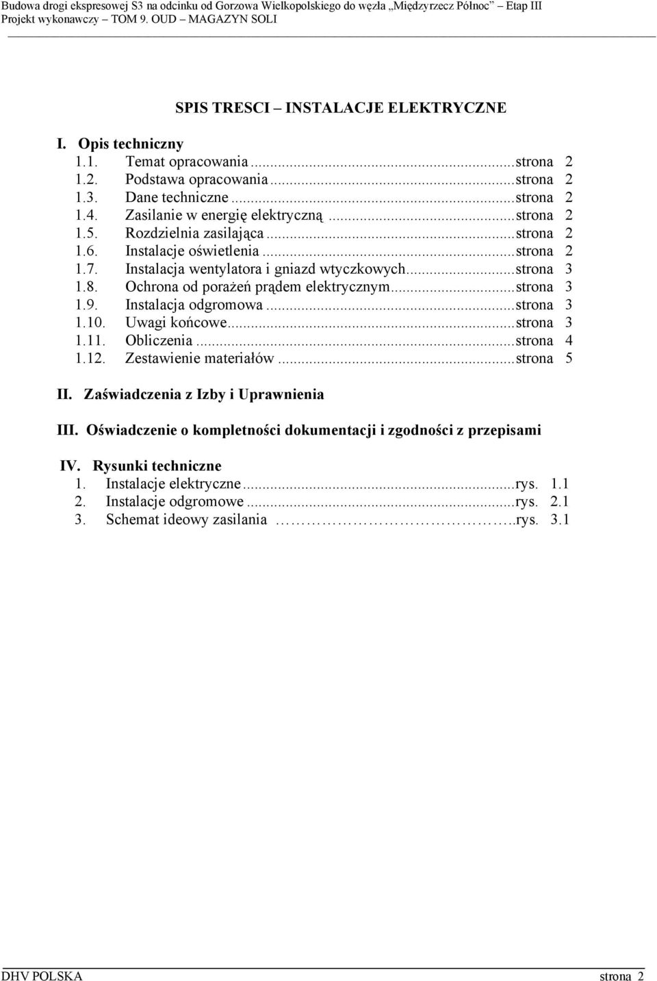 ..strona 3 1.9. Instalacja odgromowa...strona 3 1.10. Uwagi końcowe...strona 3 1.11. Obliczenia...strona 4 1.12. Zestawienie materiałów...strona 5 II. Zaświadczenia z Izby i Uprawnienia III.