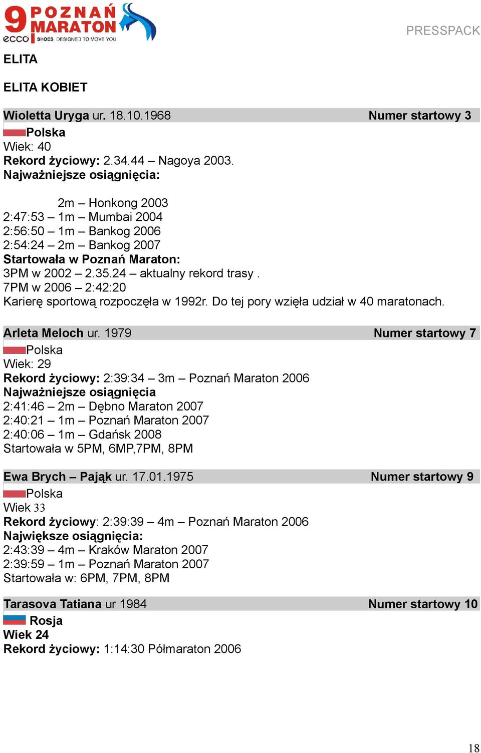 7PM w 2006 2:42:20 Karierę sportową rozpoczęła w 1992r. Do tej pory wzięła udział w 40 maratonach. Arleta Meloch ur.