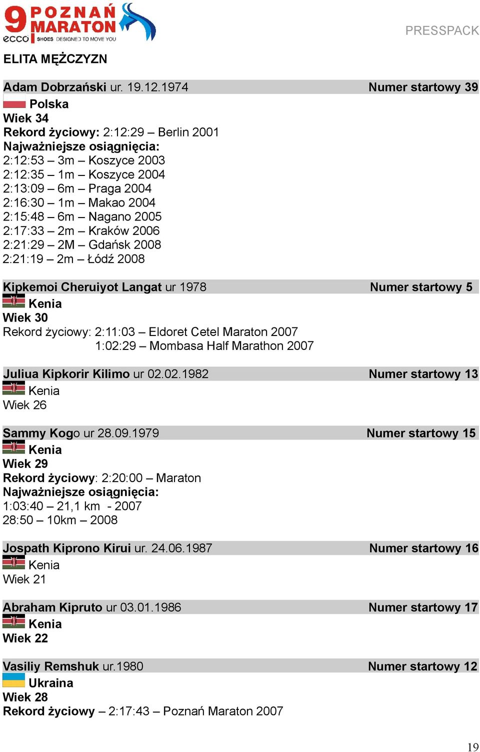 2:17:33 2m Kraków 2006 2:21:29 2M Gdańsk 2008 2:21:19 2m Łódź 2008 Numer startowy 39 Kipkemoi Cheruiyot Langat ur 1978 Kenia Wiek 30 Rekord życiowy: 2:11:03 Eldoret Cetel Maraton 2007 1:02:29 Mombasa