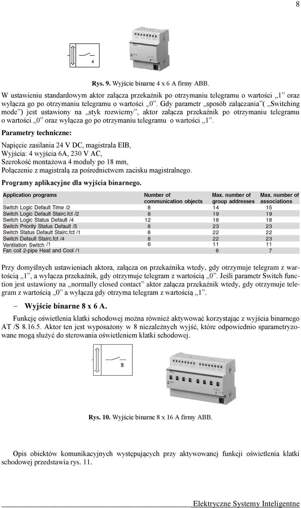 Parametry techniczne: Napięcie zasilania 24 V DC, magistrala EIB, Wyjścia: 4 wyjścia 6A, 230 V AC, Szerokość montażowa 4 moduły po 18 mm, Połączenie z magistralą za pośrednictwem zacisku