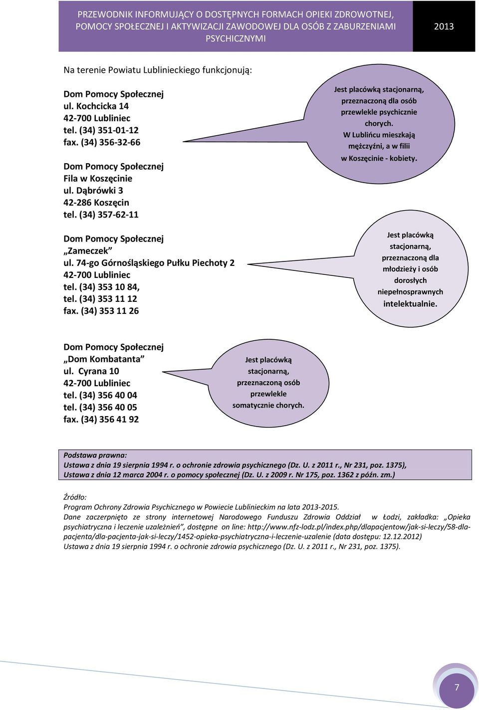 (34) 353 11 26 Jest placówką stacjonarną, przeznaczoną dla osób przewlekle psychicznie chorych. W Lublińcu mieszkają mężczyźni, a w filii w Koszęcinie - kobiety.