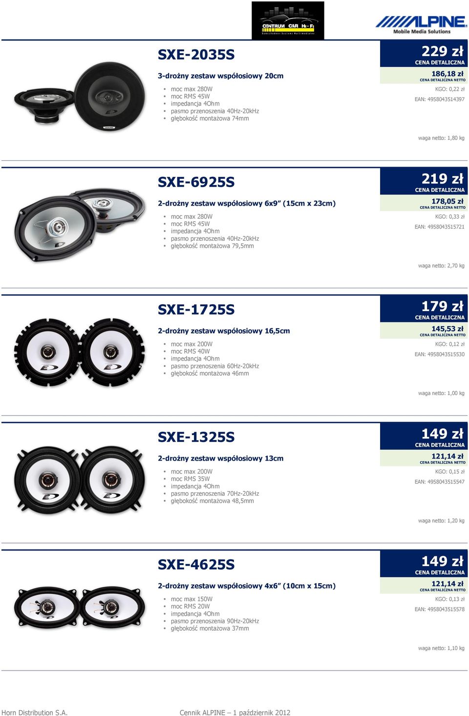 netto: 2,70 kg SXE-1725S 2-drożny zestaw współosiowy 16,5cm moc max 200W moc RMS 40W pasmo przenoszenia 60Hz-20kHz głębokość montażowa 46mm 179 zł 145,53 zł NETTO KGO: 0,12 zł EAN: 4958043515530 waga