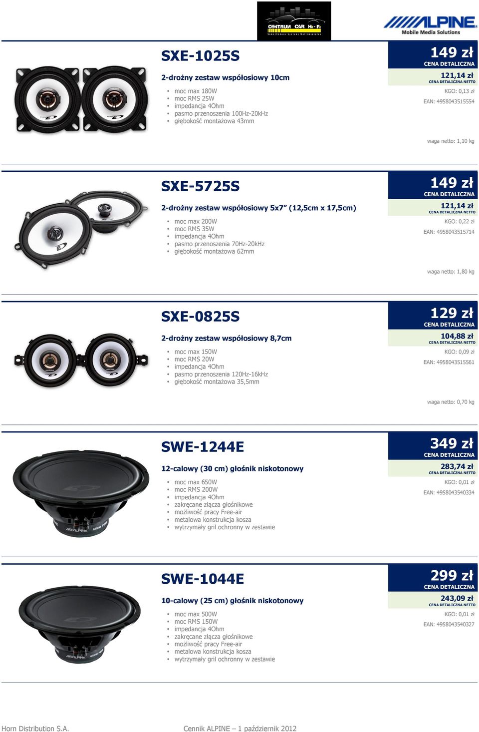 netto: 1,80 kg SXE-0825S 2-drożny zestaw współosiowy 8,7cm moc max 150W moc RMS 20W pasmo przenoszenia 120Hz-16kHz głębokość montażowa 35,5mm 129 zł 104,88 zł NETTO KGO: 0,09 zł EAN: 4958043515561