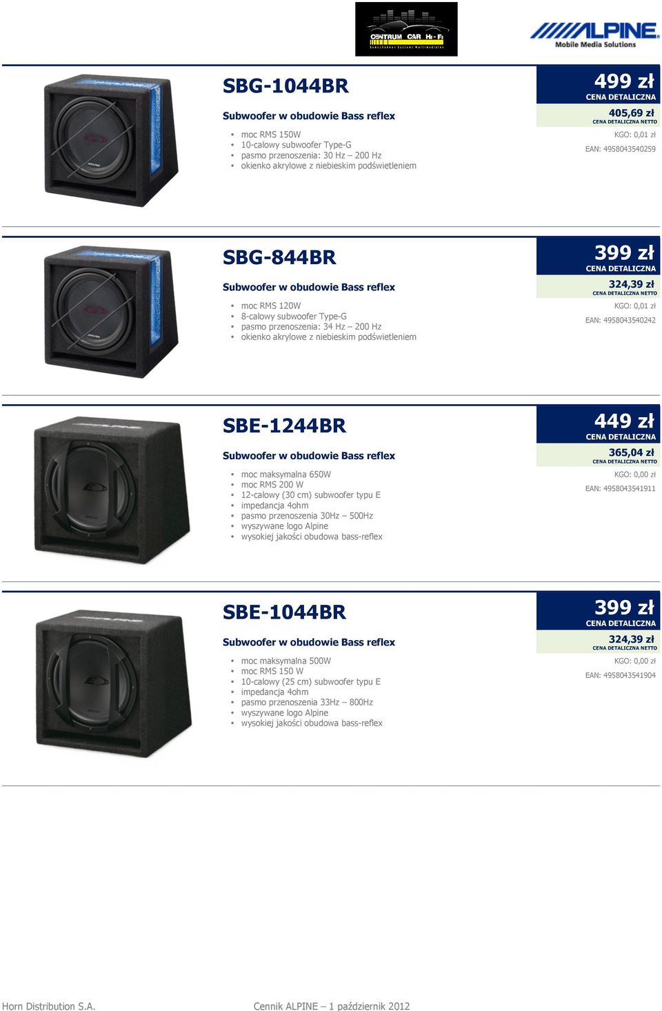 EAN: 4958043540242 SBE-1244BR Subwoofer w obudowie Bass reflex moc maksymalna 650W moc RMS 200 W 12-calowy (30 cm) subwoofer typu E impedancja 4ohm pasmo przenoszenia 30Hz 500Hz wyszywane logo Alpine