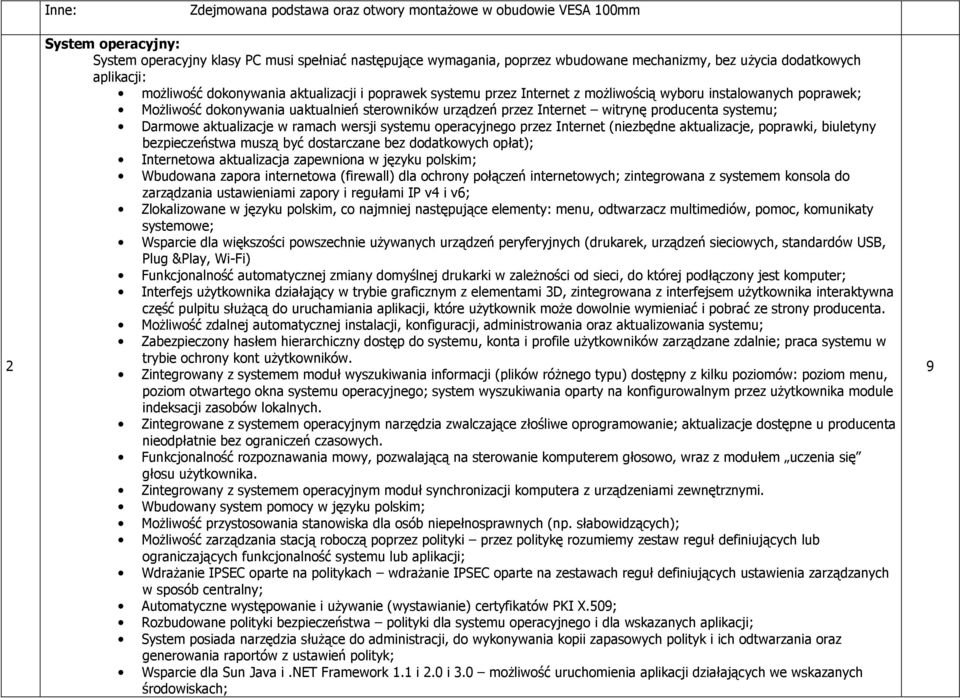 Internet witrynę producenta systemu; Darmowe aktualizacje w ramach wersji systemu operacyjnego przez Internet (niezbędne aktualizacje, poprawki, biuletyny bezpieczeństwa muszą być dostarczane bez