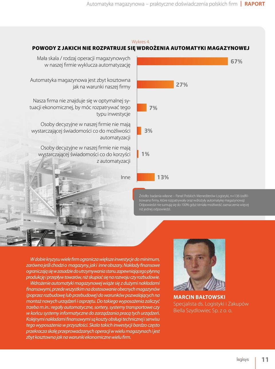 na warunki naszej firmy 27% Nasza firma nie znajduje się w optymalnej sytuacji ekonomicznej, by móc rozpatrywać tego typu inwestycje Osoby decyzyjne w naszej firmie nie mają wystarczającej