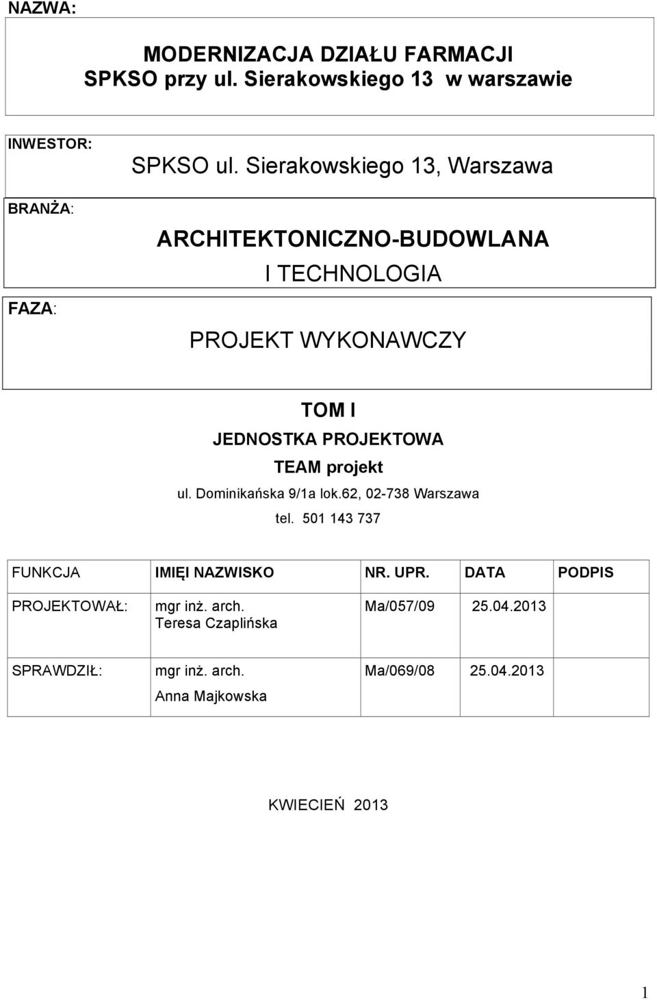 projekt ul. Dominikańska 9/1a lok.62, 02-738 Warszawa tel. 501 143 737 FUNKCJA IMIĘI NAZWISKO NR. UPR.