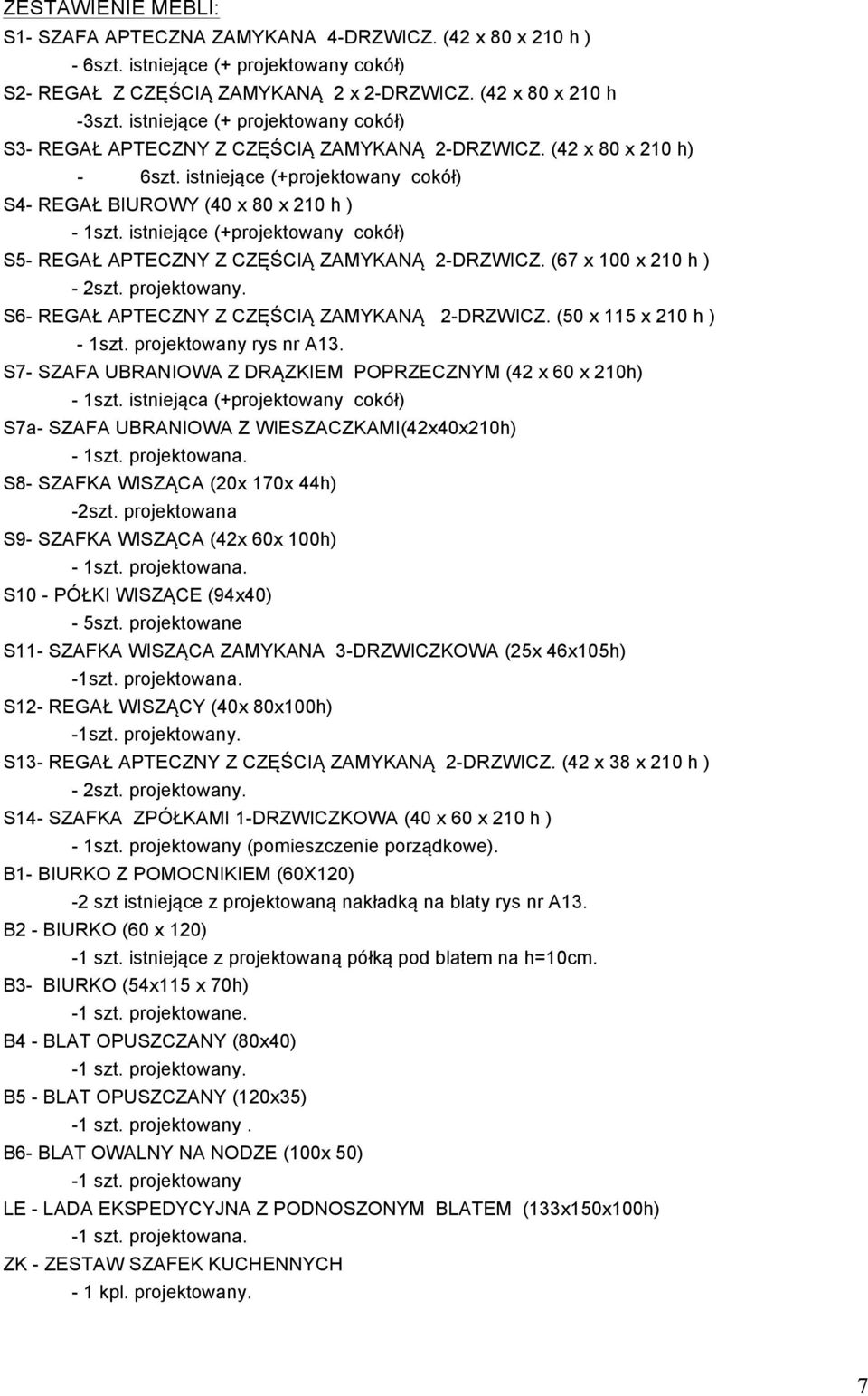 istniejące (+projektowany cokół) S5- REGAŁ APTECZNY Z CZĘŚCIĄ ZAMYKANĄ 2-DRZWICZ. (67 x 100 x 210 h ) - 2szt. projektowany. S6- REGAŁ APTECZNY Z CZĘŚCIĄ ZAMYKANĄ 2-DRZWICZ. (50 x 115 x 210 h ) - 1szt.