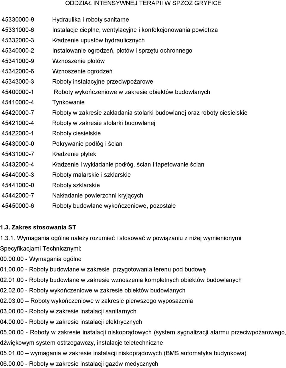 45410000-4 Tynkowanie 45420000-7 Roboty w zakresie zakładania stolarki budowlanej oraz roboty ciesielskie 45421000-4 Roboty w zakresie stolarki budowlanej 45422000-1 Roboty ciesielskie 45430000-0