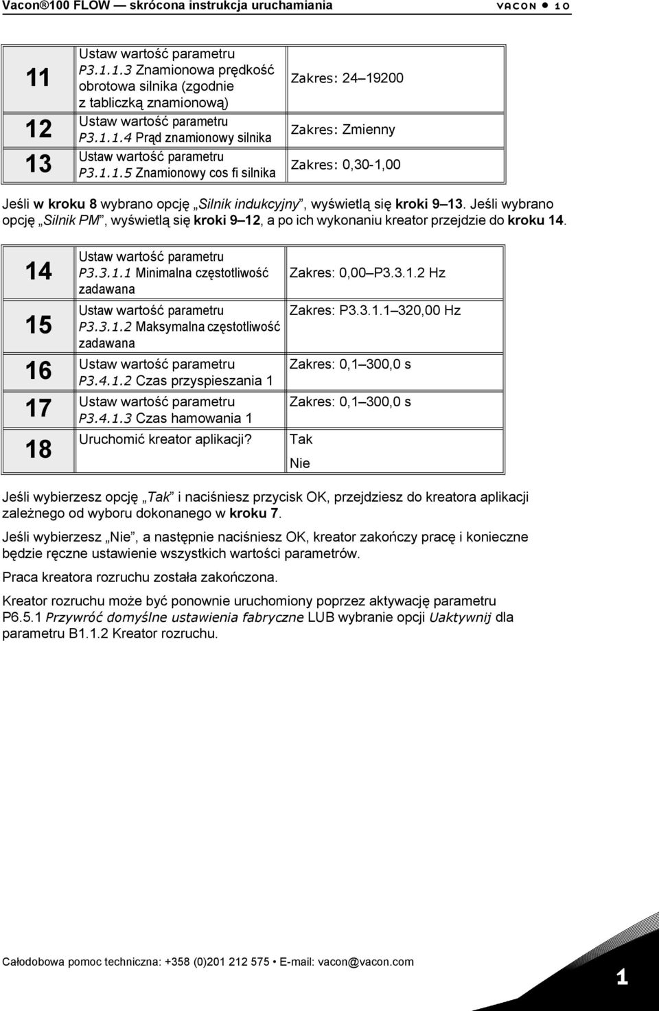 Jeśli wybrano opcję Silnik PM, wyświetlą się kroki 9 12, a po ich wykonaniu kreator przejdzie do kroku 14. 14 15 16 17 18 Ustaw wartość parametru P3.3.1.1 Minimalna częstotliwość zadawana Ustaw wartość parametru P3.