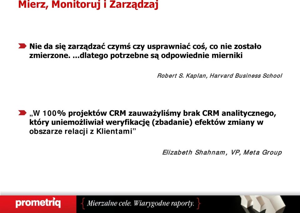 Kaplan, Harvard Business School W 100% projektów CRM zauważyliśmy brak CRM analitycznego,