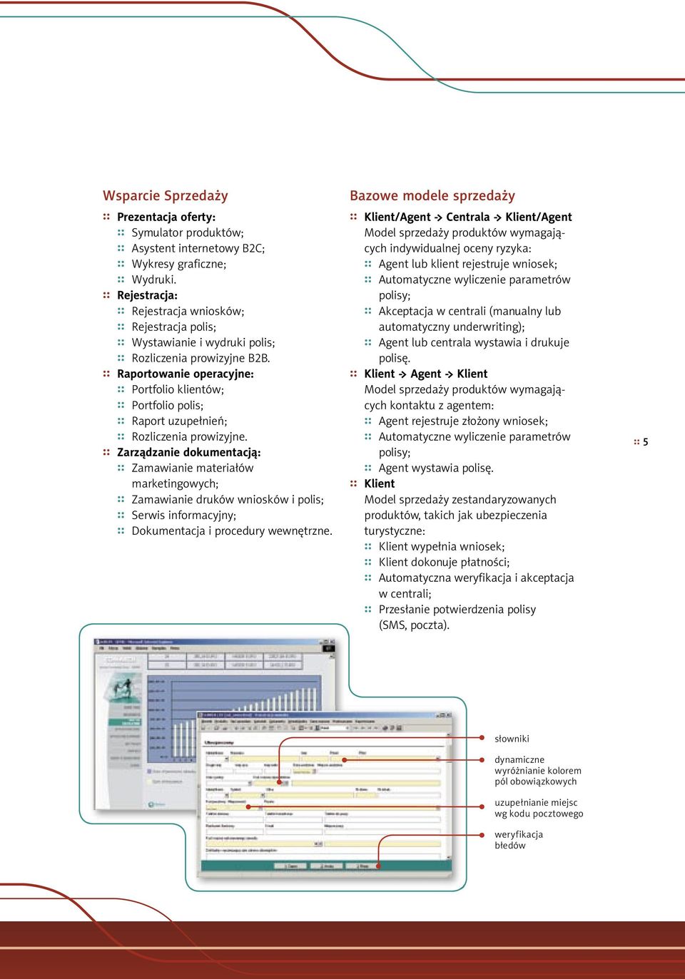 :: Raportowanie operacyjne: :: Portfolio klientów; :: Portfolio polis; :: Raport uzupełnień; :: Rozliczenia prowizyjne.