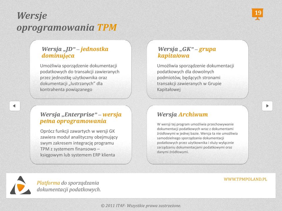 Enterprise wersja pełna oprogramowania Oprócz funkcji zawartych w wersji GK zawiera moduł analityczny obejmujący swym zakresem integrację programu TPM z systemem finansowo księgowym lub systemem ERP