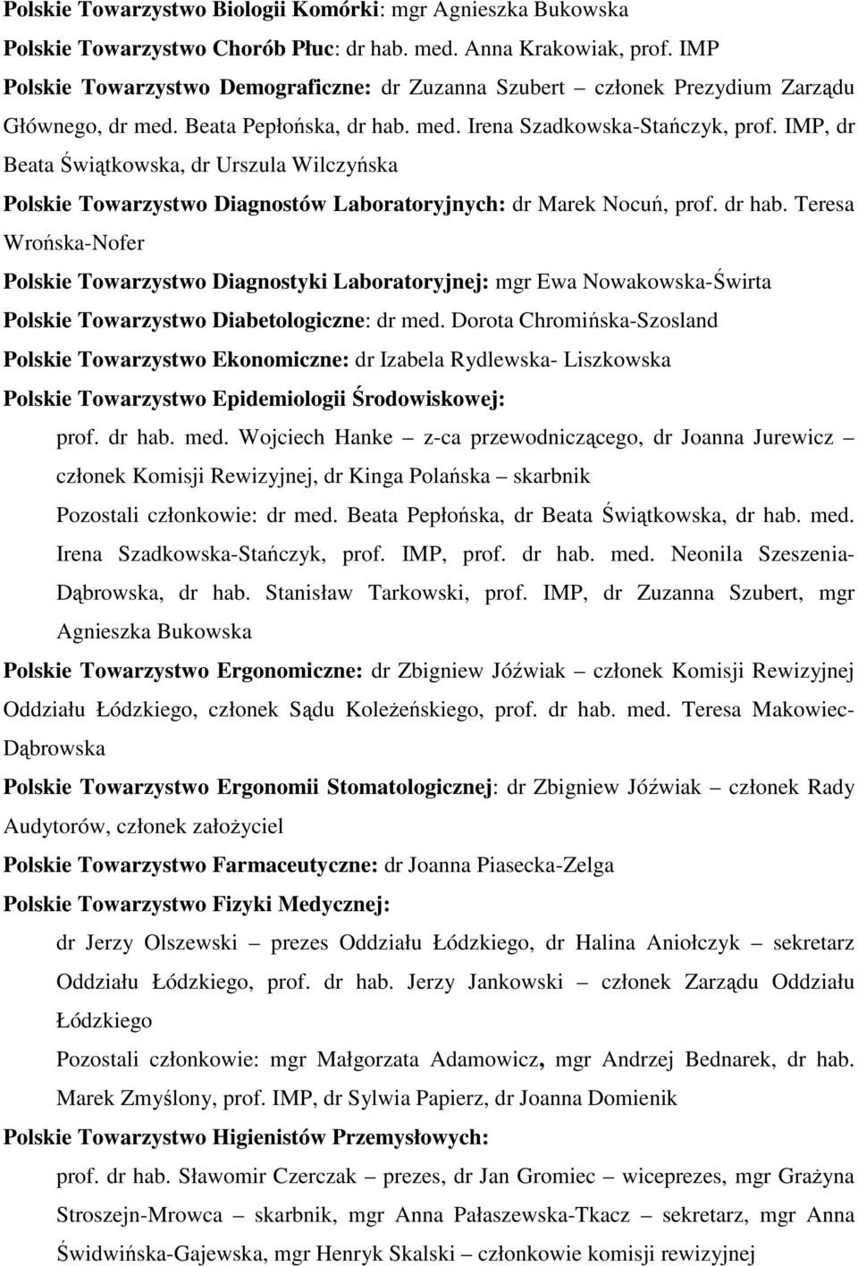 IMP, dr Beata Świątkowska, dr Urszula Wilczyńska Polskie Towarzystwo Diagnostów Laboratoryjnych: dr Marek Nocuń, prof. dr hab.