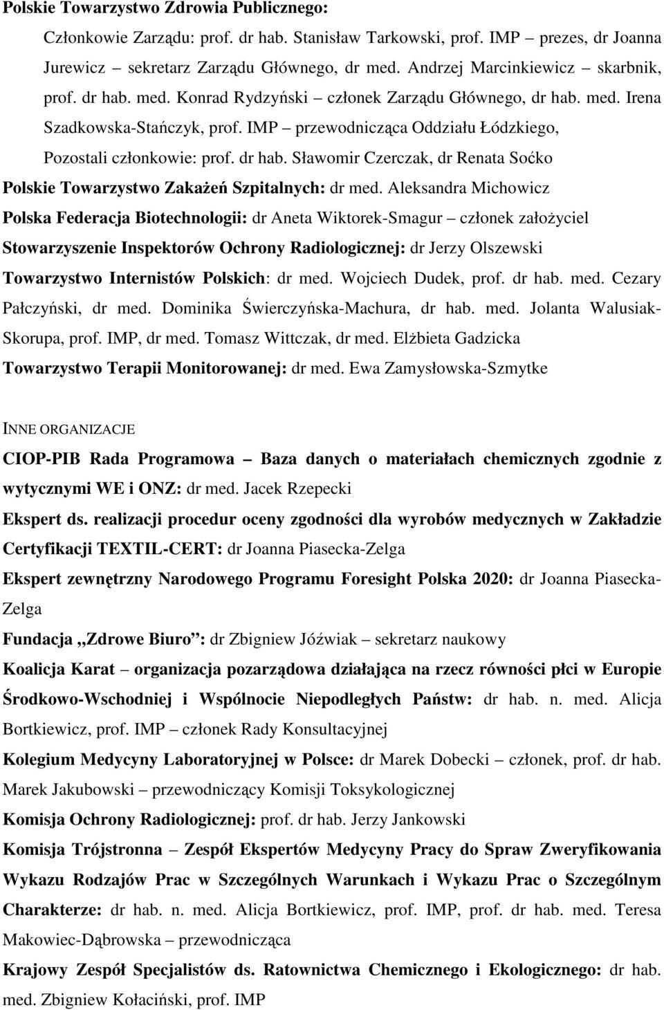 dr hab. Sławomir Czerczak, dr Renata Soćko Polskie Towarzystwo Zakażeń Szpitalnych: dr med.