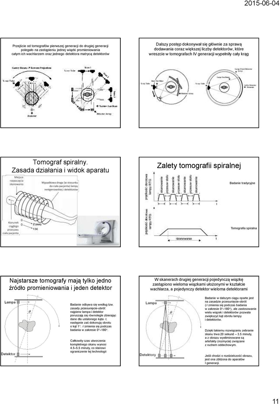 Zasada działania i widok aparatu Zalety tomografii spiralnej Badanie tradycyjne Tomografia spiralna Najstarsze tomografy mają tylko jedno źródło promieniowania i jeden detektor Badanie odbywa się