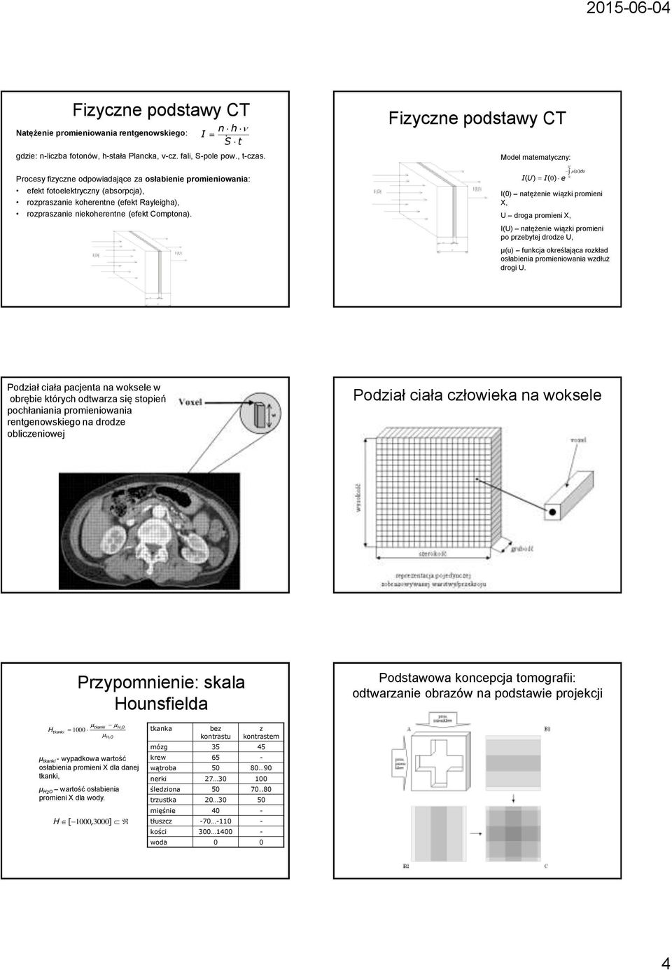 Fizyczne podstawy CT Model matematyczny: ( U) I( 0) e I 0 U ( u) du I(0) natężenie wiązki promieni X, U droga promieni X, I(U) natężenie wiązki promieni po przebytej drodze U, μ(u) funkcja