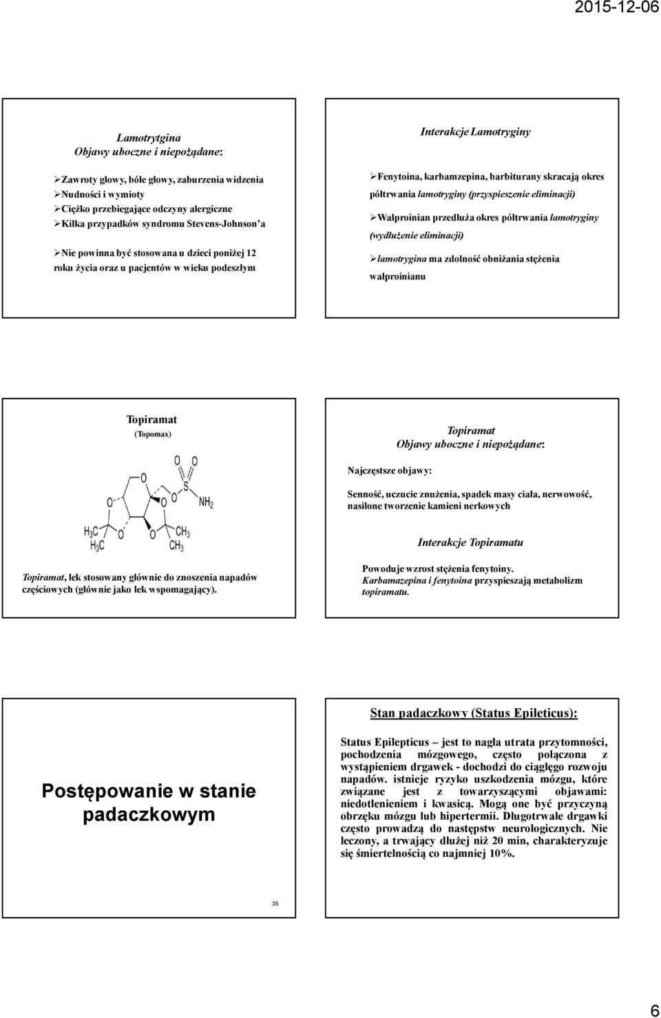 przedłużaokres półtrwania lamotryginy (wydłużenie eliminacji) lamotryginama zdolność obniżaniastężenia walproinianu Topiramat (Topomax) Topiramat Najczęstsze objawy: Senność, uczucie znużenia, spadek