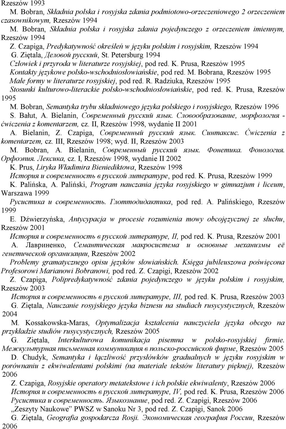 Ziętala, Деловой русский, St. Petersburg 1994 Człowiek i przyroda w literaturze rosyjskiej, pod red. K. Prusa, Rzeszów 1995 Kontakty językowe polsko-wschodniosłowiańskie, pod red. M.