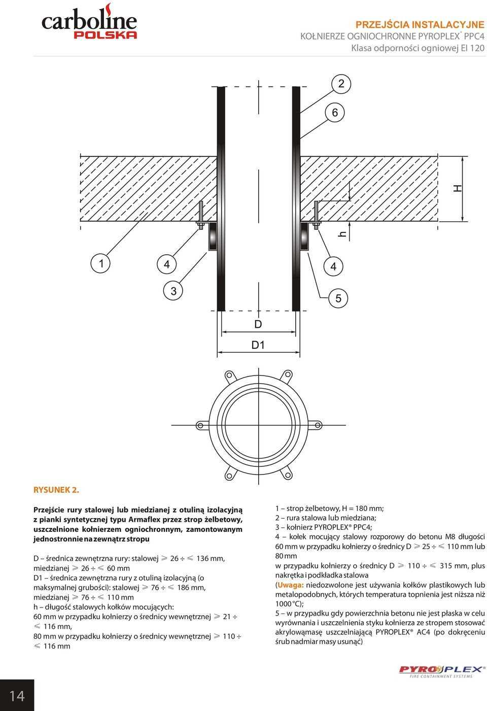 stropu D średnica zewnętrzna rury: stalowej 26 136 mm, miedzianej 26 60 mm D1 średnica zewnętrzna rury z otuliną izolacyjną (o maksymalnej grubości): stalowej 76 186 mm, miedzianej 76 110 mm h