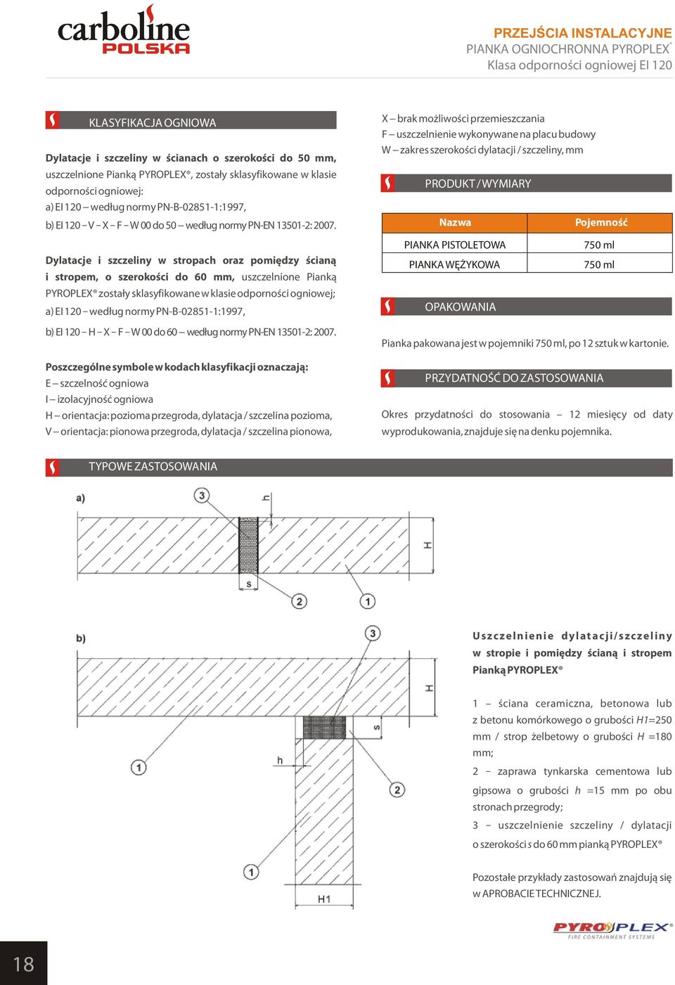 X brak możliwości przemieszczania F uszczelnienie wykonywane na placu budowy W zakres szerokości dylatacji / szczeliny, mm PRODUKT / WYMIARY Nazwa Pojemność Dylatacje i szczeliny w stropach oraz