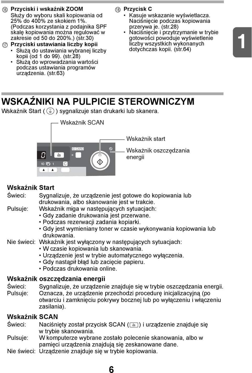 Naciśnięcie podczas kopiowania przerywa je. (str.8) Naciśnięcie i przytrzymanie w trybie gotowości powoduje wyświetlenie liczby wszystkich wykonanych dotychczas kopii. (str.6) WSKAŹNIKI NA PULPICIE STEROWNICZYM Wskaźnik Start ( ) sygnalizuje stan drukarki lub skanera.