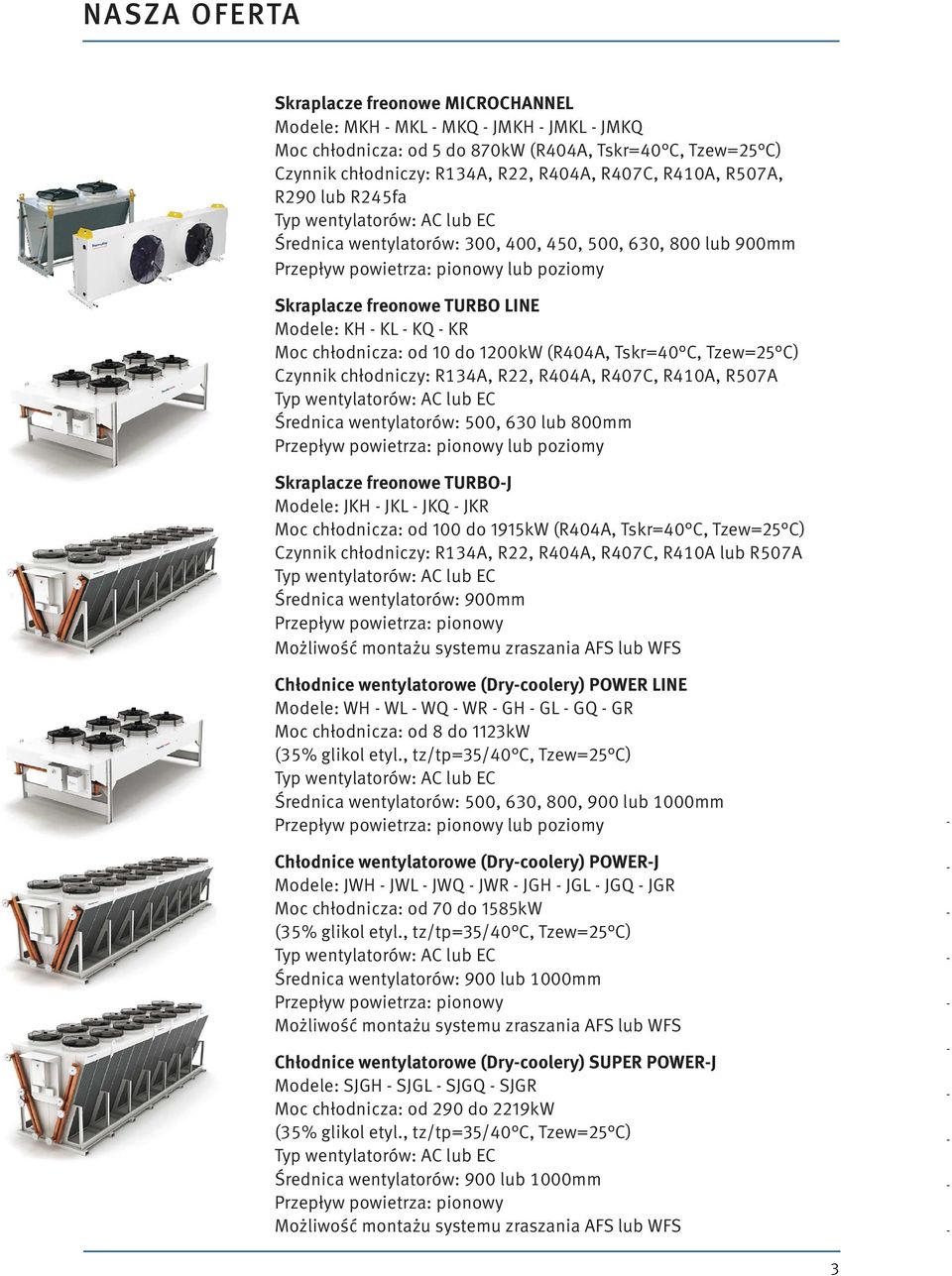 KH - KL - KQ - KR Moc chłodnicza: od 10 do 1200kW (R404A, Tskr=40 C, Tzew=25 C) Czynnik chłodniczy: R134A, R22, R404A, R407C, R410A, R507A Typ wentylatorów: AC lub EC Średnica wentylatorów: 500, 630