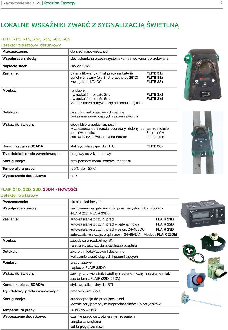 8 lat pracy przy 25 C) FLITE 33x zewnętrzne 12V DC FLITE 38x Wskaźnik świetlny: na słupie: - wysokość montażu 2m: FLITE 3x2 - wysokość montażu 5m: FLITE 3x5 Montaż może odbywać się na pracującej