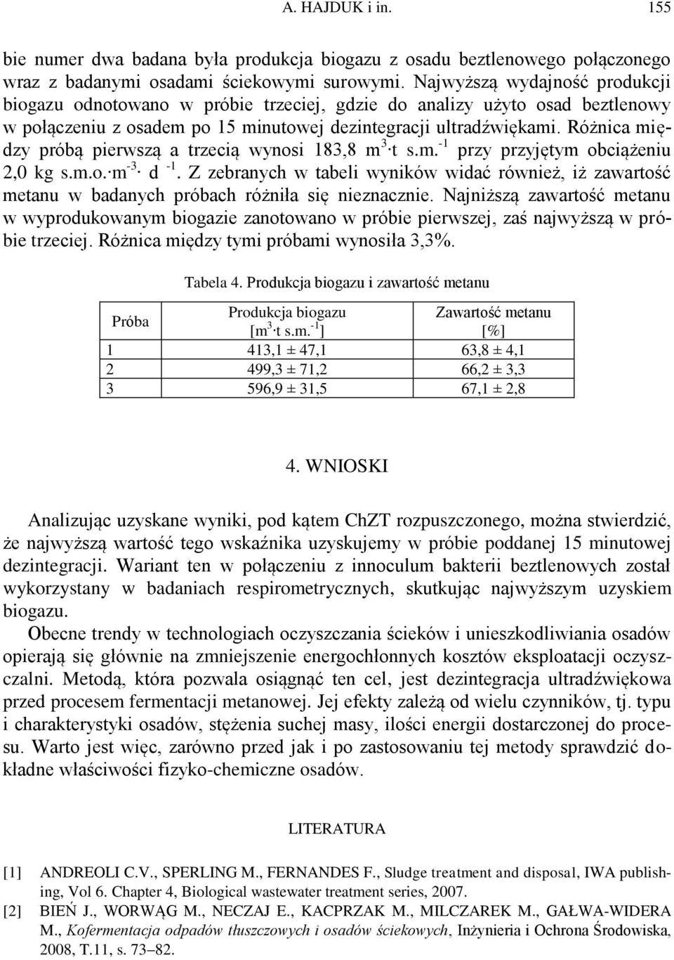 Różnica między próbą pierwszą a trzecią wynosi 183,8 m 3 t s.m. -1 przy przyjętym obciążeniu 2,0 kg s.m.o. m -3 d -1.