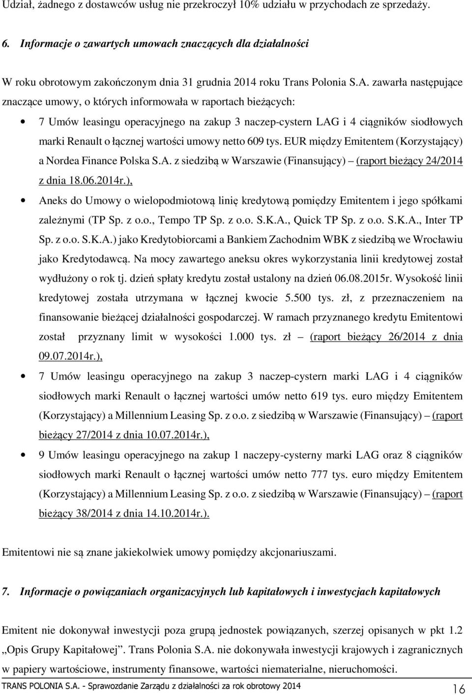 zawarła następujące znaczące umowy, o których informowała w raportach bieżących: 7 Umów leasingu operacyjnego na zakup 3 naczep-cystern LAG i 4 ciągników siodłowych marki Renault o łącznej wartości